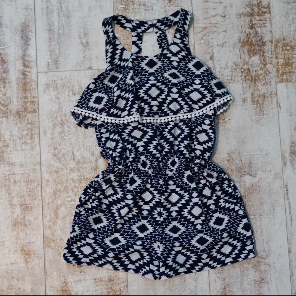 Blue and White Tribal/Boho Romper
